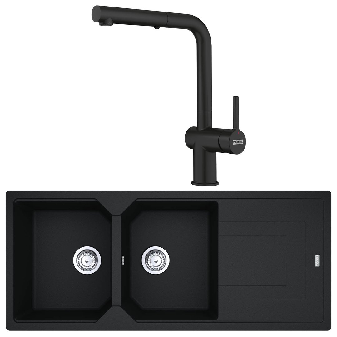 Franke Urban double bowl with drainer, Active Pull-Out matte black tap UBG621ON/TA7721MB