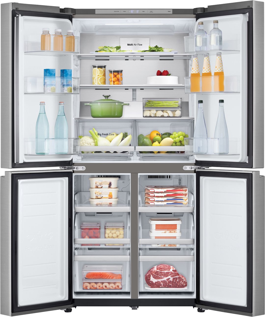 Open LG 530L Slim French Door Fridge with food items inside