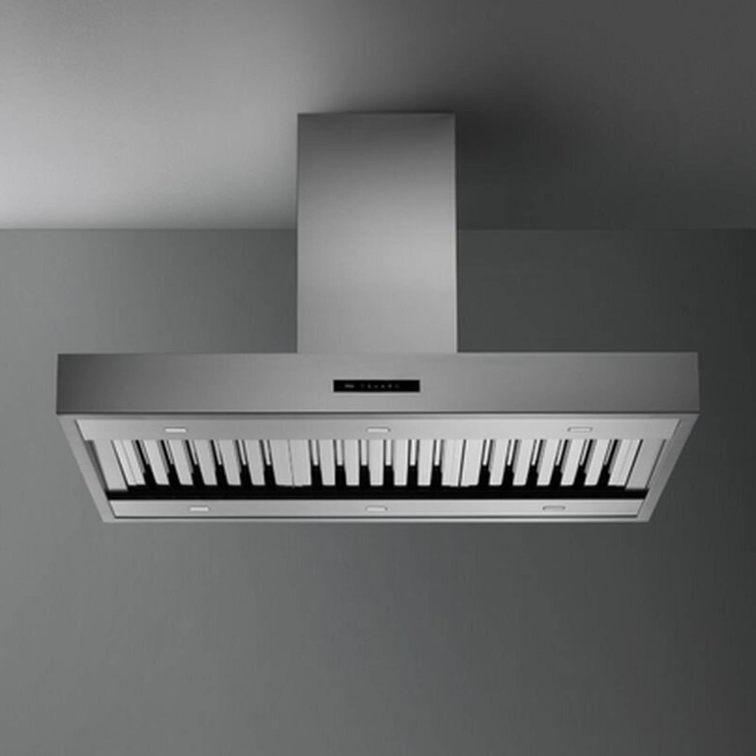 A stainless steel island rangehood with a piano key design on the filters