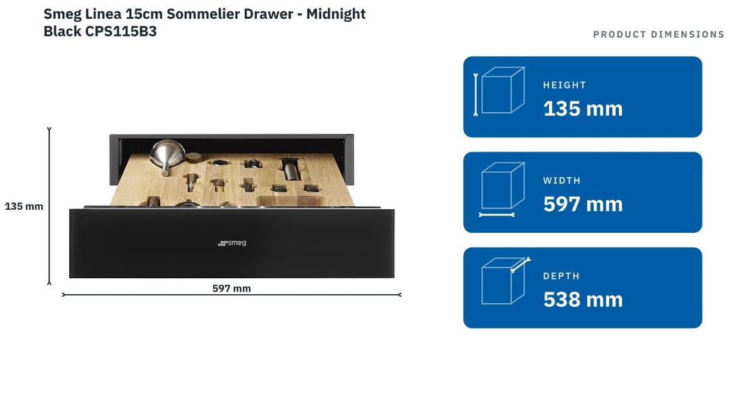 Smeg Linea 15cm Sommelier Drawer - Midnight Black CPS115B3 — product dimensions