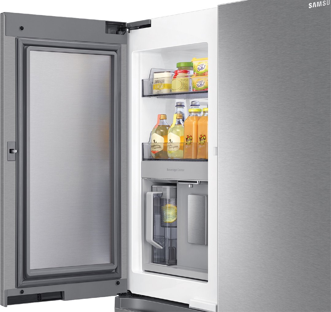 Open stainless steel French door fridge showing beverages and food items inside