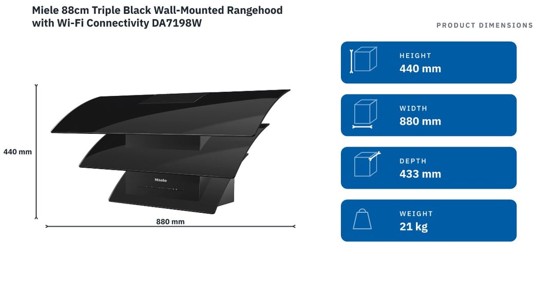 Miele 88cm Triple Black Wall-Mounted Rangehood with Wi-Fi Connectivity DA7198W — product dimensions