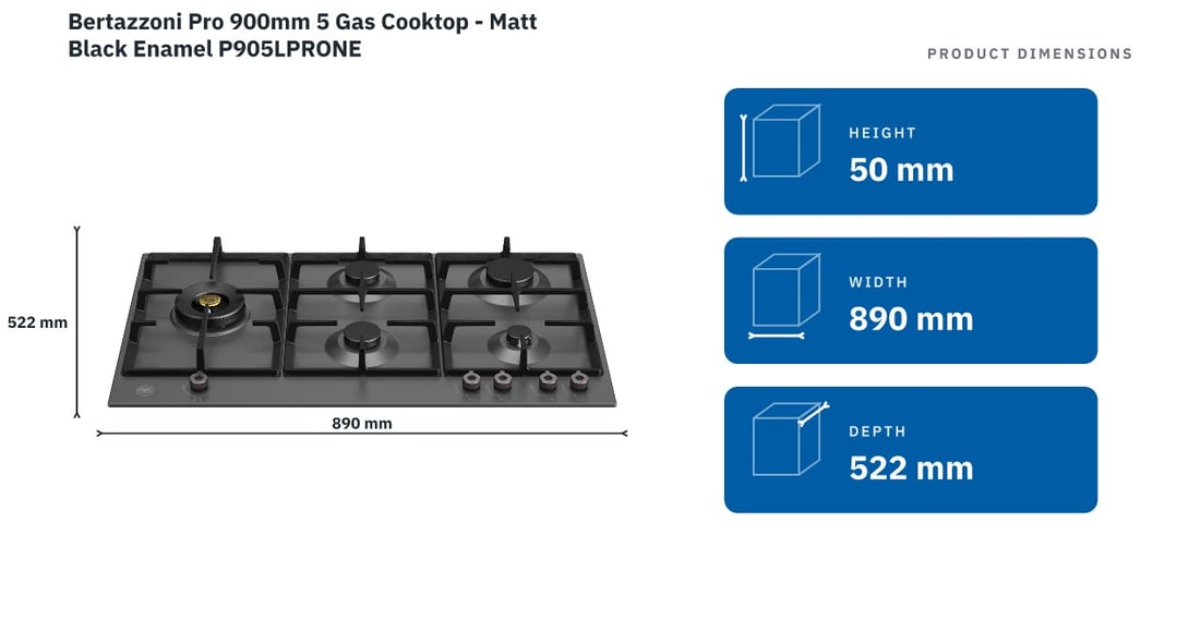 Bertazzoni Pro 900mm 5 Gas Cooktop - Matt Black Enamel P905LPRONE — product dimensions