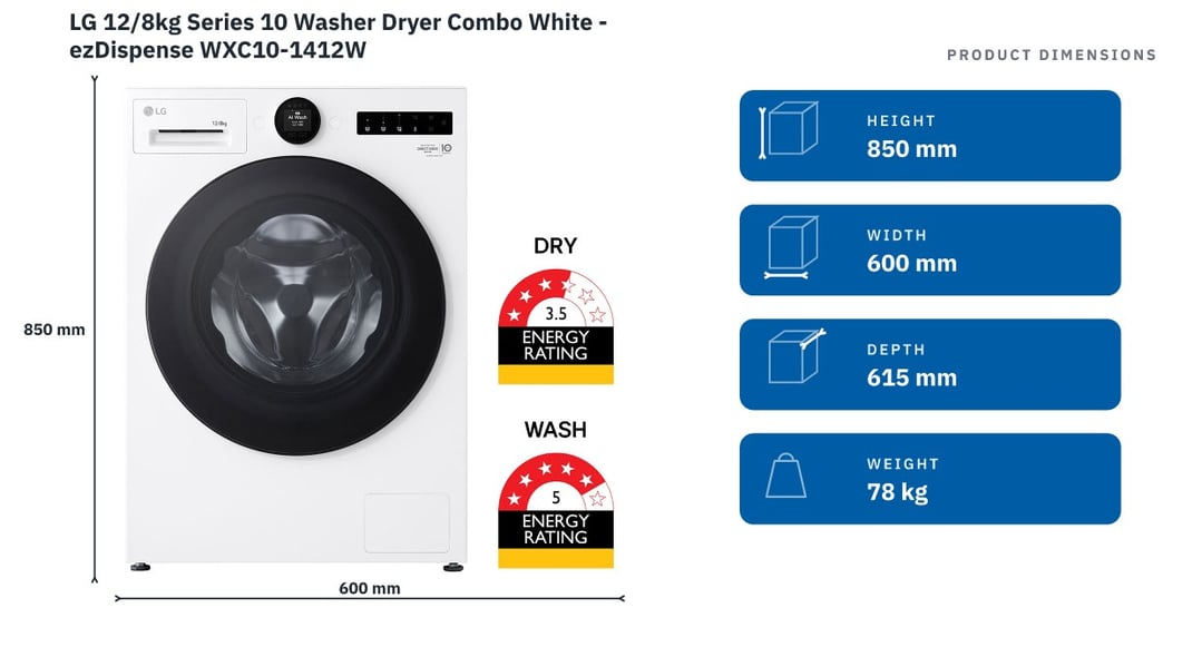 LG 12/8kg Series 10 Washer Dryer Combo White - ezDispense WXC10-1412W — product dimensions
