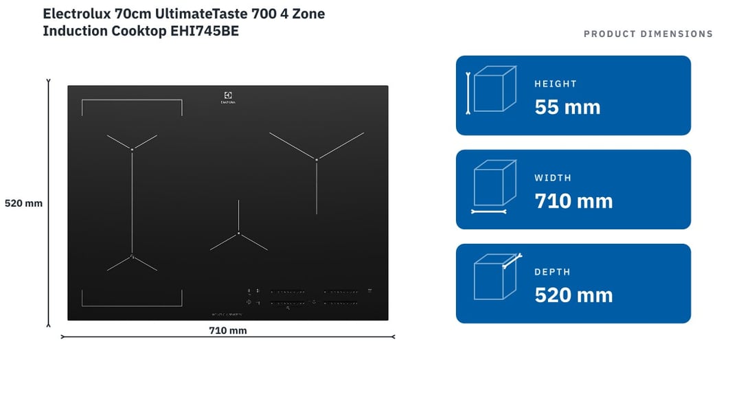 Electrolux 70cm UltimateTaste 700 4 Zone Induction Cooktop EHI745BE — product dimensions