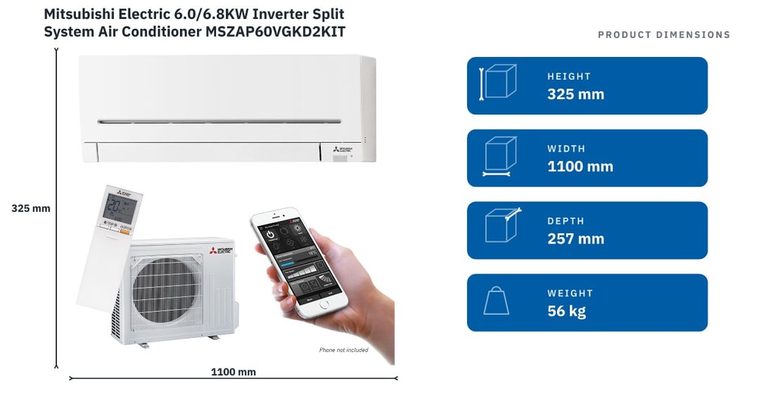 Mitsubishi Electric 6.0/6.8KW Inverter Split System Air Conditioner MSZAP60VGKD2KIT — product dimensions